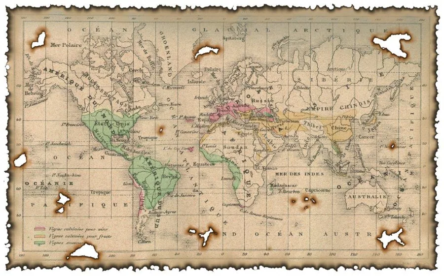 Vintage world map with ornate cartography, celestial spheres, and classical decorative engravings