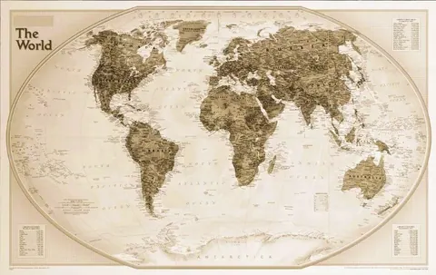 Vintage world map with continents in sepia and cream tones, classical cartography style.
