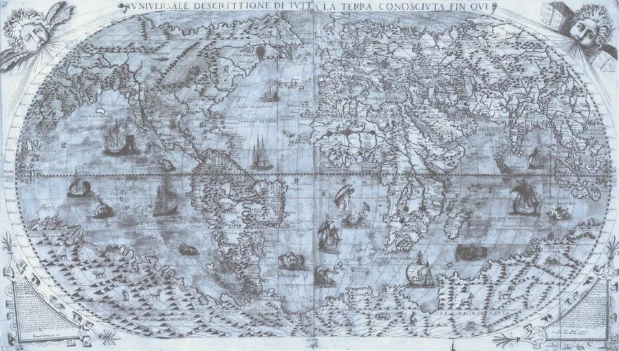 Vintage world map with sailing ships, continents, and decorative cartographic details in monochromatic blue-grey