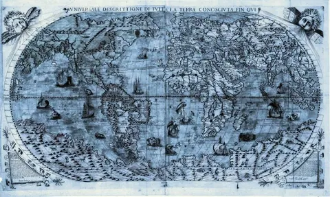 Vintage world map with ships, compass roses, and classical cartographic details on blue background