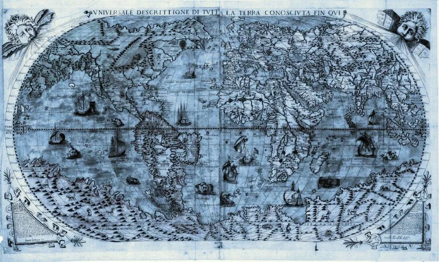 Vintage world map with ships, compass roses, and classical cartographic details on blue background