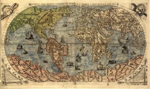 Antique world map with sailing vessels, continents in muted colors, and ornamental compass roses on aged paper background.