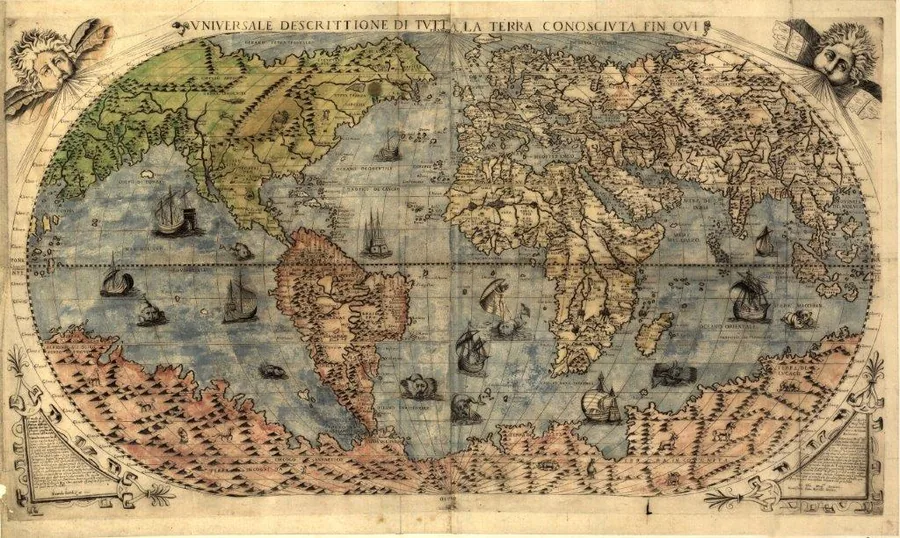 Antique world map with sailing vessels, continents in muted colors, and ornamental compass roses on aged paper background.
