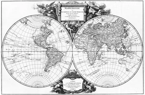 Antique double-hemisphere world map with decorative cartouches and grid overlay, classical engraving style.