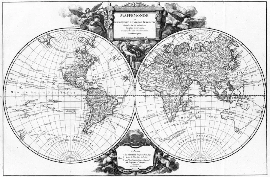 Antique double-hemisphere world map with decorative cartouches and grid overlay, classical engraving style.