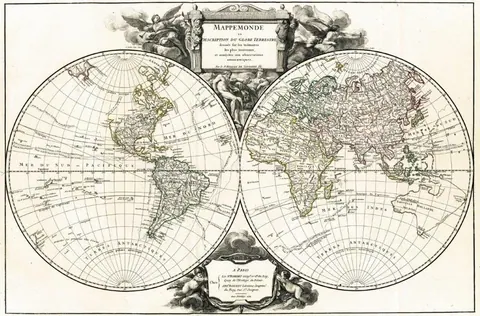 Antique double hemisphere world map with decorative baroque cartouches and grid lines in classical style.
