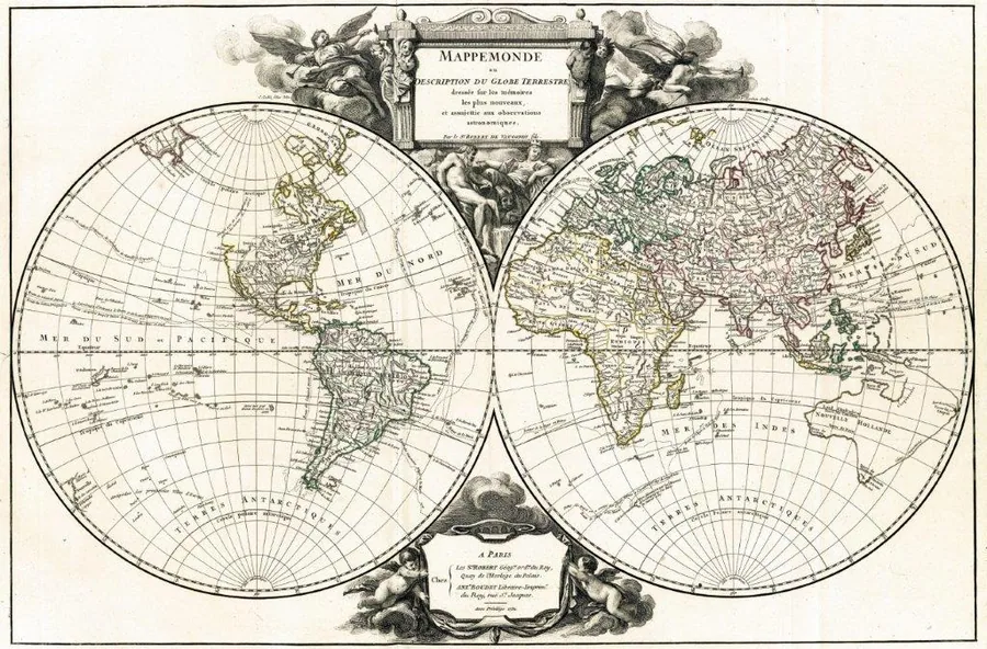 Antique double hemisphere world map with decorative baroque cartouches and grid lines in classical style.