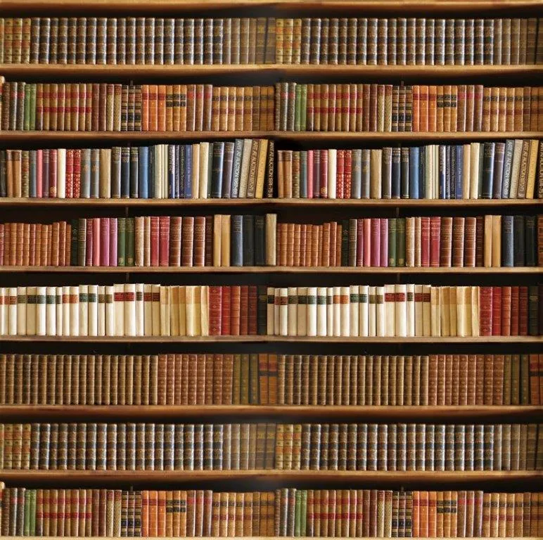 Dense wooden bookshelf filled with vintage leather-bound books in varied earth tones and jewel colors.