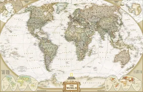 Detailed vintage world map with continents, oceans, and classical cartographic styling in cream and earthy tones.