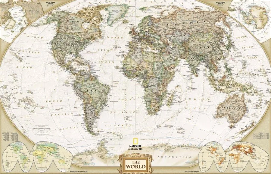 Detailed vintage world map with continents, oceans, and classical cartographic styling in cream and earthy tones.