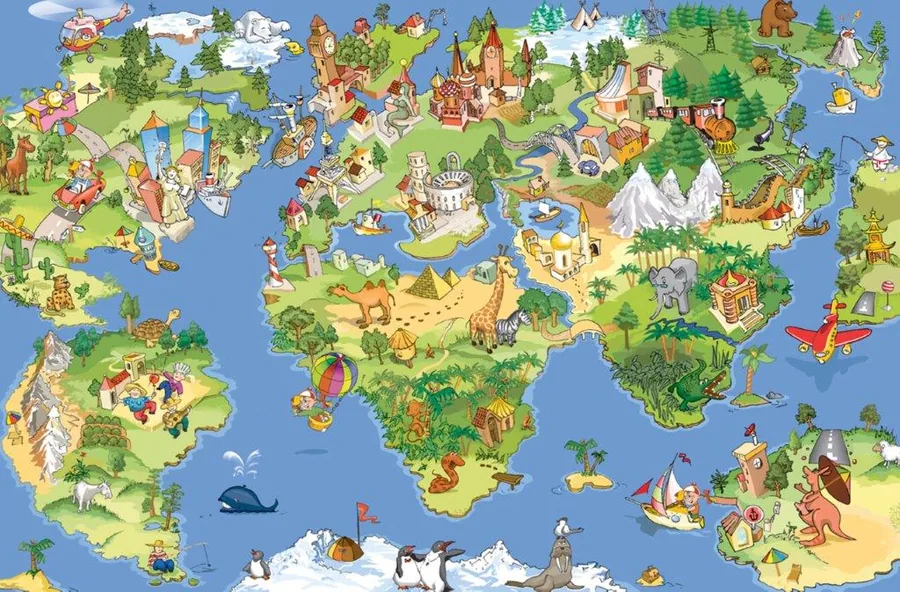 Colorful illustrated fantasy world map with castles, dragons, hot air balloons, and mythical creatures across continents.