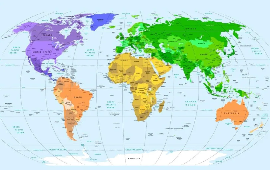 Colorful world map with countries in purple, green, gold, and orange tones on light blue ocean background