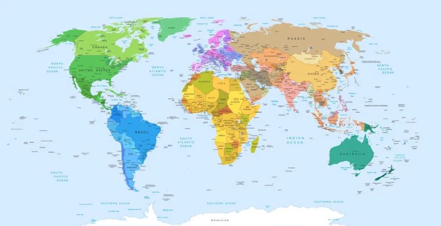 Colorful world map showing all continents and countries with labeled borders and oceans in light blue.