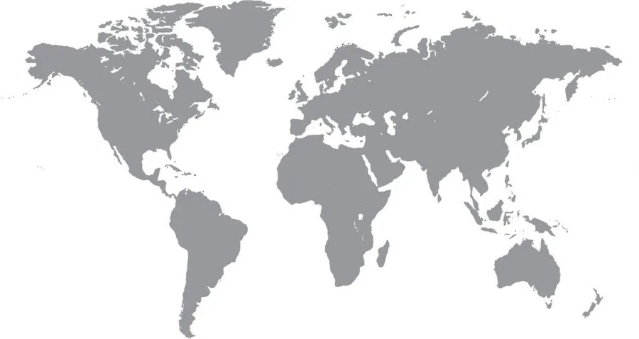 World map mural in grey and white showing all continents and countries in minimalist style