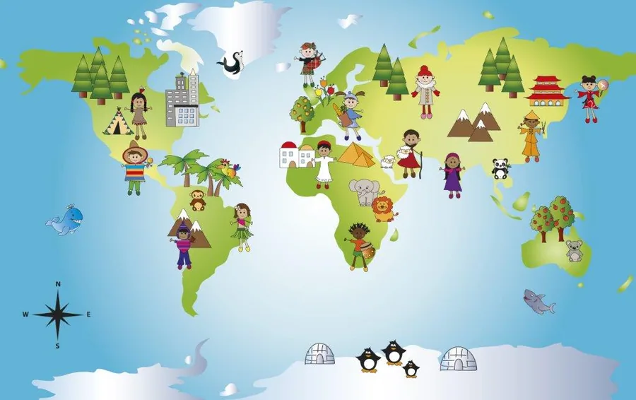 Illustrated world map with cartoon children, animals, and cultural landmarks on green continents and blue oceans.