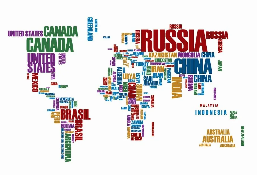 Colorful world map made of country names and text in various sizes and colors