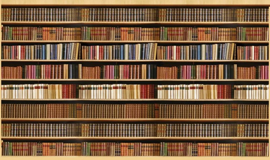 Wooden bookshelf wall with rows of vintage books in brown, tan, red, and cream tones.