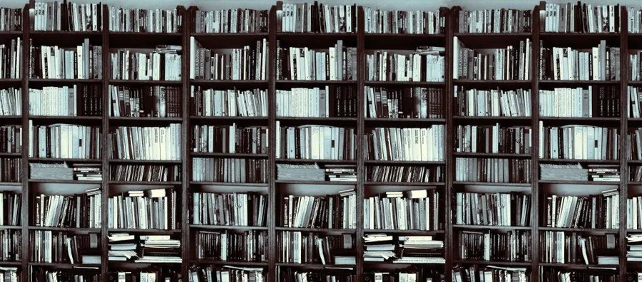 Repeating pattern of dark brown wooden bookshelves filled with white and cream books.