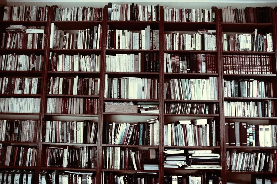 Dense wooden bookshelf filled with books in varying heights and spine colors, predominantly cream and burgundy tones.