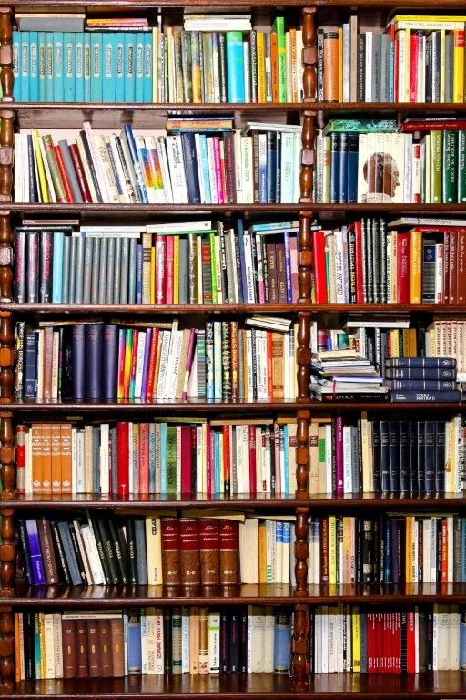 Full wooden bookshelf with hundreds of colorful books organized across seven shelves
