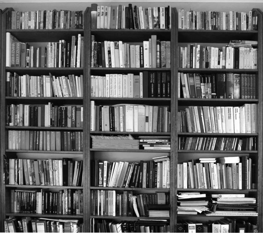 Black and white photograph of organized bookshelves filled with books arranged in rows.