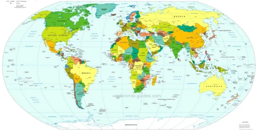 Colorful political world map with country borders in green, yellow, orange, and blue tones