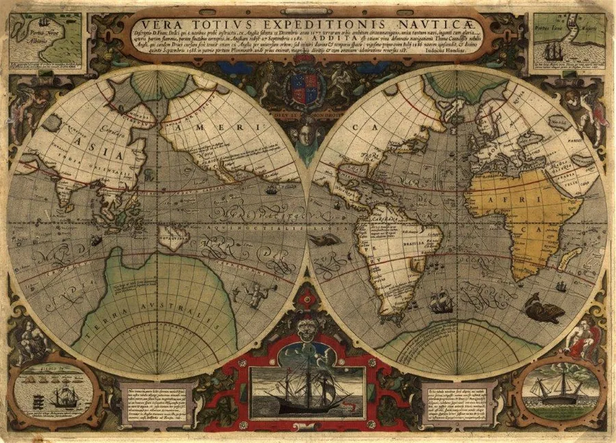 Antique world map with dual hemispheres, decorative cartouches, and nautical embellishments in warm earth tones
