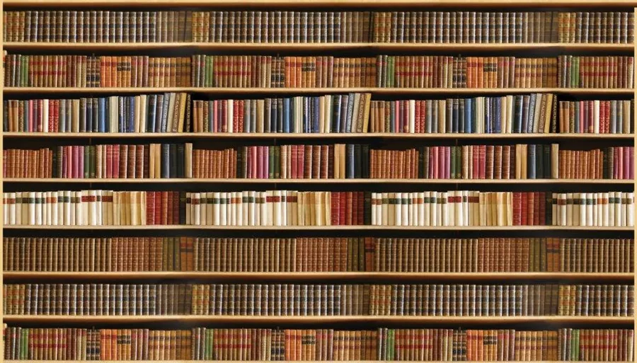 Eight shelves of stacked books in varying warm tones including gold, brown, red, and green leather spines.