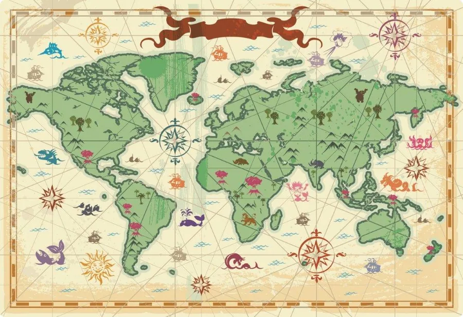 Vintage world map with green continents, compass roses, sailing ships, and decorative maritime details on cream background.