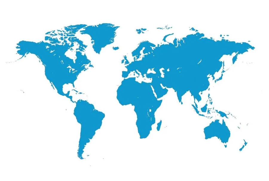 World map mural in blue and white showing all continents and countries