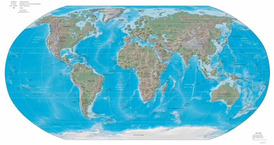 Detailed world map showing continents, countries, and oceans in blue and neutral tones.