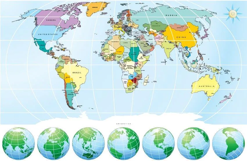 Colorful world map with labeled countries and seven rotating globe perspectives at bottom