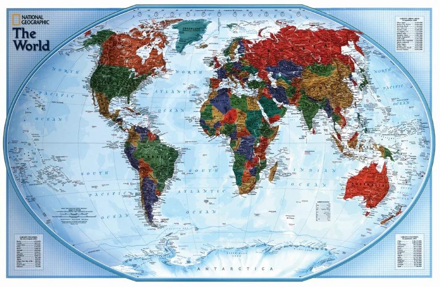 National Geographic world map with colored countries and blue oceans in atlas style.