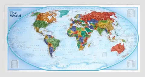 Detailed political world map with colorful country borders and ocean blue background