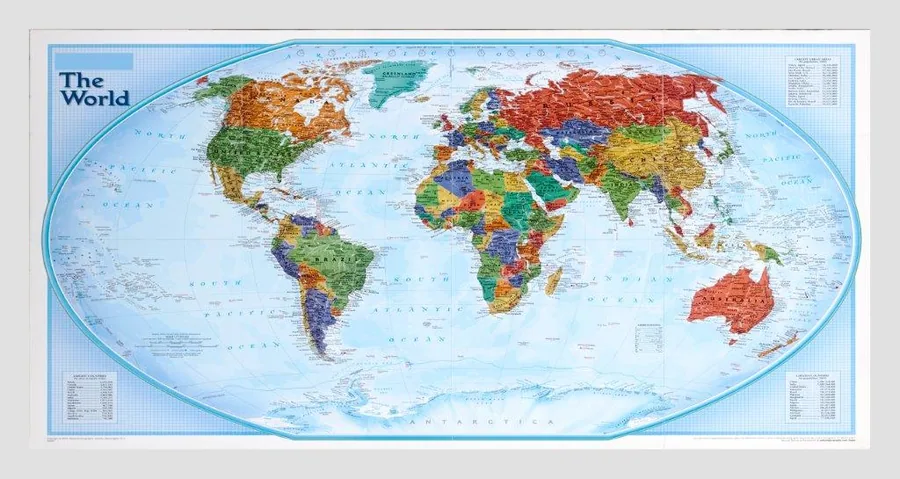 Detailed political world map with colorful country borders and ocean blue background