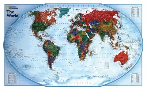 National Geographic style world map with countries in red, green, brown and blue tones on light blue ocean background.
