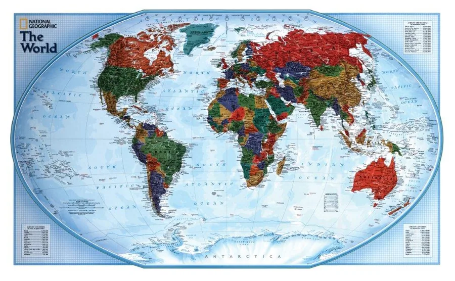National Geographic style world map with countries in red, green, brown and blue tones on light blue ocean background.