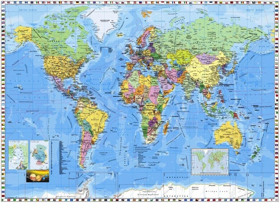 Detailed world political map with colorful country borders, oceans, and geographic labels on blue background.