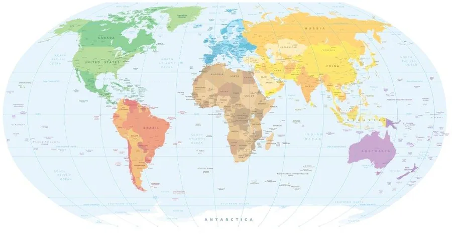 Colorful world map with continents in different colors including green North America, orange South America, and tan Africa.