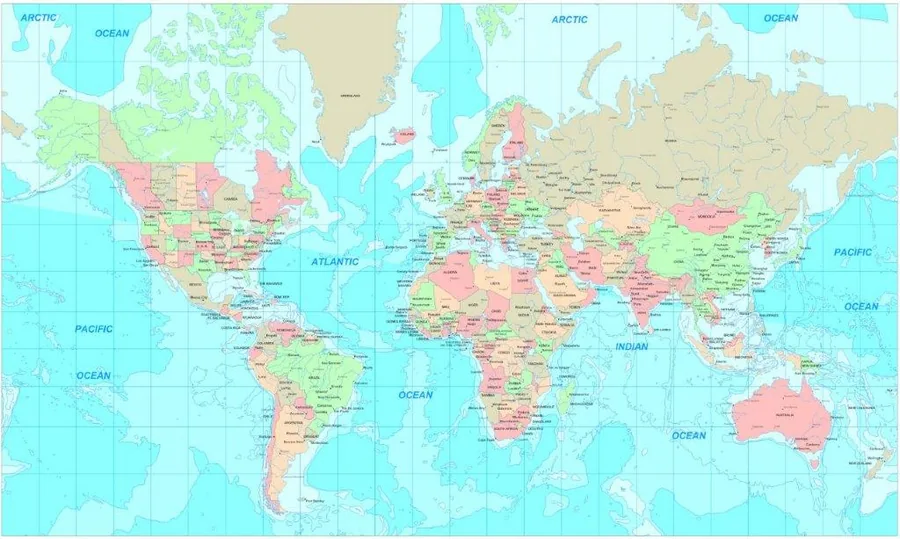 Detailed world map with country borders in pastel pink, green, cream and beige on light blue ocean background