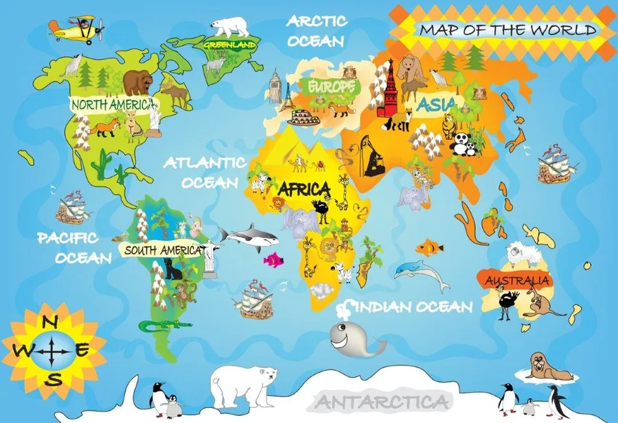 Colorful illustrated world map with continents, animals, landmarks, and cultural symbols on blue ocean background.