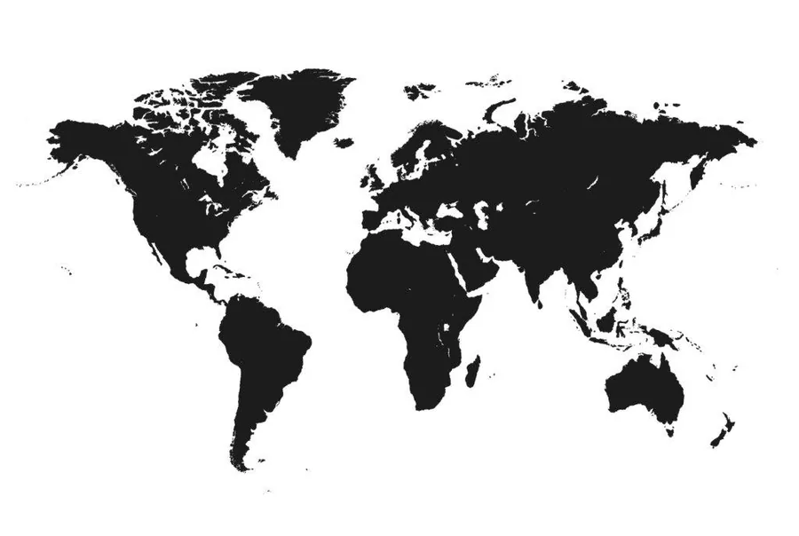 Black silhouette world map on white background showing all continents and countries.