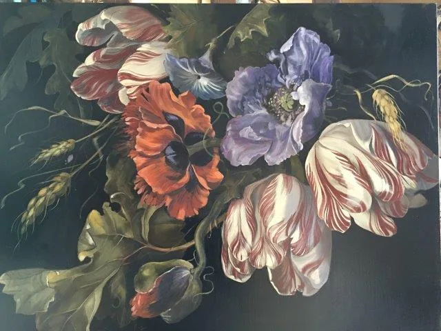 Vintage floral mural with red, purple, and cream peonies and tulips on dark green background