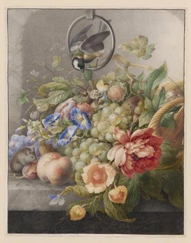 Ornate floral still life with white grapes, red peonies, peaches, and blue flowers on a grey background.