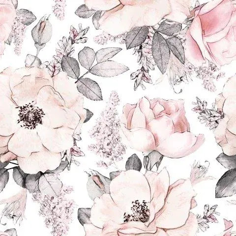 Repeating pattern of pale pink flowers with grey botanical leaves and small clustered blooms on white background