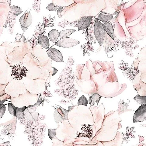 Repeating pattern of pale pink flowers with grey botanical leaves and small clustered blooms on white background