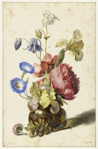 Vintage botanical illustration of pink roses, blue morning glories, and mixed flowers in a decorative earthenware vase with shadow.