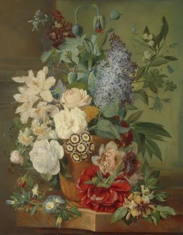 Vintage floral mural with white roses, red peonies, and purple lilacs in a decorative vase on sage green background
