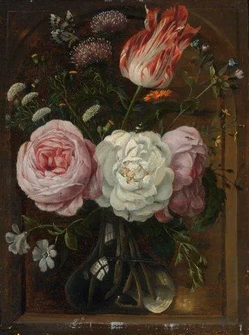 Vintage floral still life with pink roses, white blooms, and striped tulip in glass vase on dark background.
