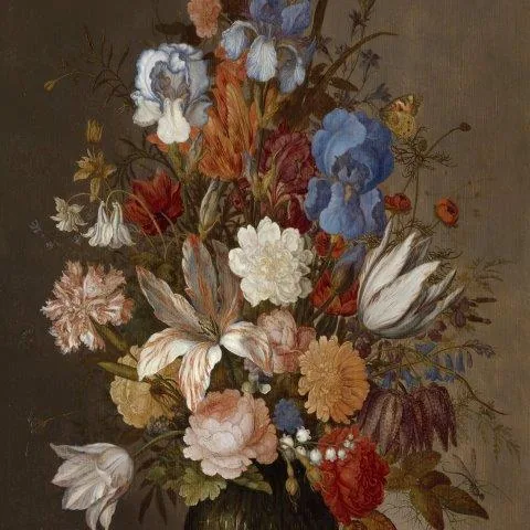 Vintage oil painting-style floral arrangement with white, blue, pink and red flowers on muted brown background